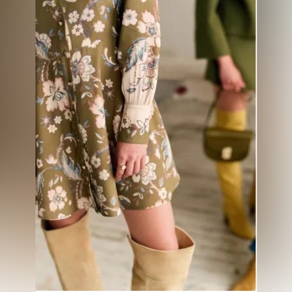 New Sezane Caprice Mini Dress - Rama Kaki Floral French Elegant Casual FR34/US2 - Picture 2 of 8
